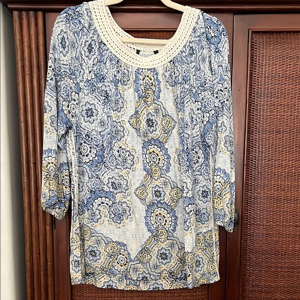INC Blue and Yellow Patterned Women's Top